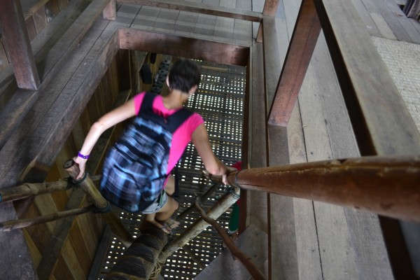 Trying out the unique staircases carved from a tree trunk